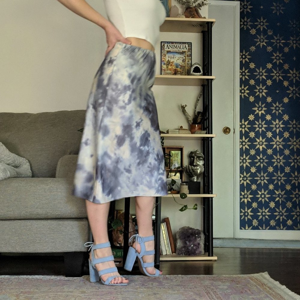 Thick Satin, Marble Tie-Dye Grey & White Slip Skirt - Slinky Sexy Midi Skirt